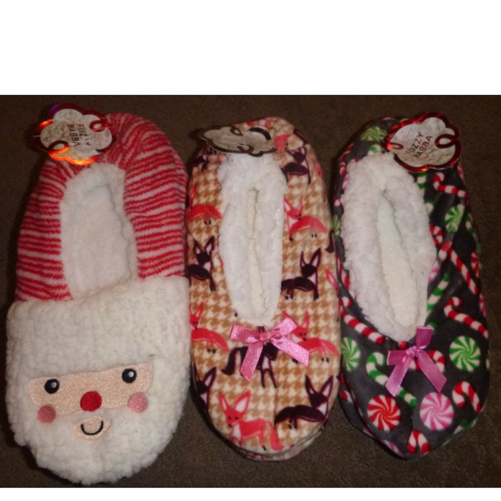 3 pairs Womens Fuzzy Babba Slipper Socks Size M/L 8-10 Christmas Santa Foxes NWT